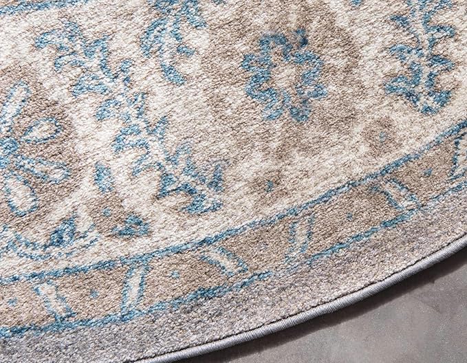 Unique Loom Salzburg Collection Classic Traditional Design Oriental Inspired Border Area Rug (7' 3 x 7' 3 Round, Gray/Beige)