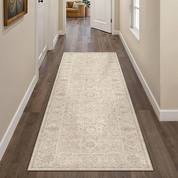 HUGEAR 2x6 Machine Washable Hallway Runner Rugs Vintage Beige - Neutral Non Slip Stain Resistant Low Pile Aesthetic Throw Carpet Kids & Pet Friendly for Bedroom Kitchen