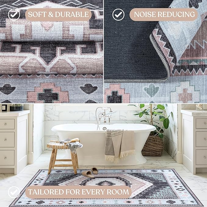 Washable Area Rug. Modern Farmhouse. Vintage. Turkish. Bohemian. Distressed. Oriental. Traditional. Rugs for Living Room. Dining. Bedroom. Office. Entryway. Foyer. (856BlckGry, 5' x 6'9")