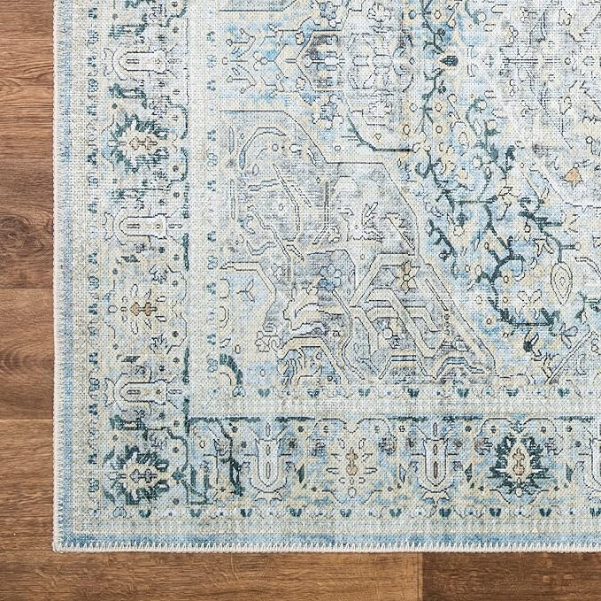 Bloom Rugs Washable Non-Slip 5' x 7' Rug - Cream/Light Blue/Teal Traditional Medallion Area Rug for Living Room, Bedroom, Dining Room, and Kitchen - Exact Size: 5' x 7'