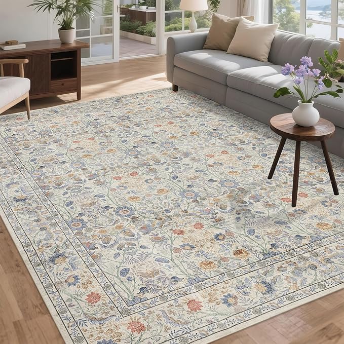 Washable Living Room Rug: 8x10 Boho Floral Soft Area Rug for Bedroom Decor - Vintage Low Pile Thin Carpet for Dining Room Non-Slip - Farmhouse Stain Resistant Rugs - Beige Blue