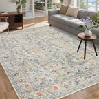 Washable Living Room Rug: 8x10 Boho Floral Soft Area Rug for Bedroom Decor - Vintage Low Pile Thin Carpet for Dining Room Non-Slip - Farmhouse Stain Resistant Rugs - Beige Blue