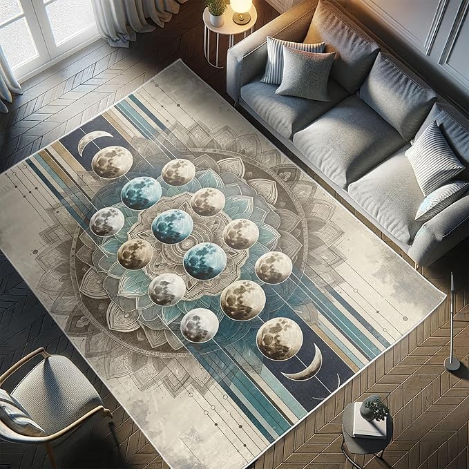 Ambesonne Lunar Art Decorative Rug, Oriental Bohemian Mandala with Moon Phase and Abstract Lines Modern, Quality Carpet for Bedroom Dorm and Living Room, 2' 2" x 3' 7", Cadet Blue and Eggshell