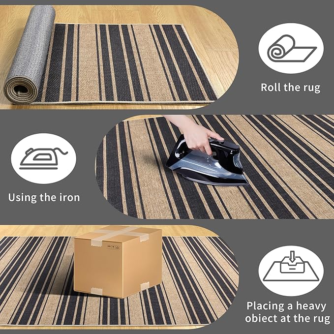 Striped Easy Jute Rug 3x5 Outdoor Entryway Rug Washable Area Rugs for Living Room Bedroom Non Slip Neutral Farmhouse Indoor Outdoor Carpet for Backyard Patio Office