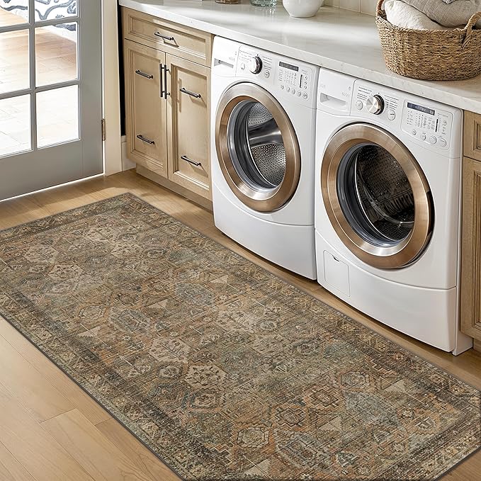 Bavni Runner Rug 3x8 Kitchen Rugs for Hallways Entryway, Washable Vintage Print Carpet, Ultra-Thin Chenille Low Pile Lightweight Rug with Non Slip Backing, Warm Taupe