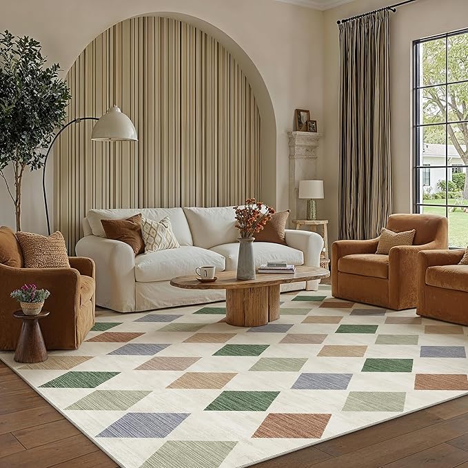 6x9 Checkered Area Rugs for Living Room Colorful Machine Washable Large Rug Non-Slip Stain Resistant Low Pile Boho Accent Indoor Throw Carpet for Bedroom Dining Room Classroom
