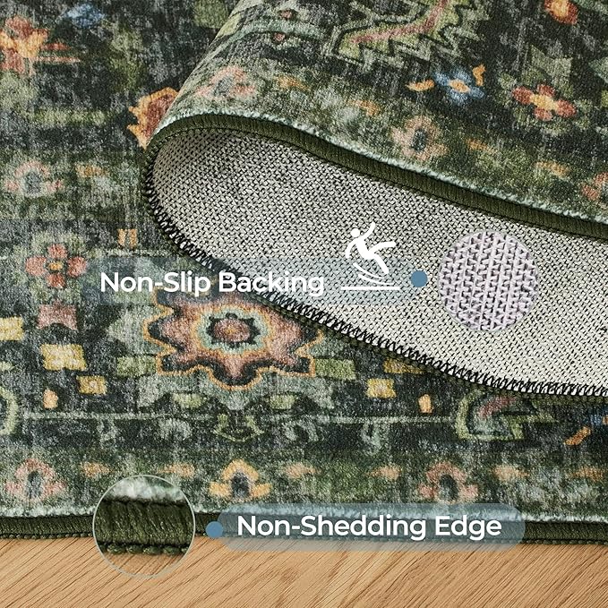 Kokia 9x12 Washable Area Rugs Dark Green with Vintage Orient Design, Soft Rug for Living Room or Bedroom, Non-Slip Low Pile Stain Resistance Features, Distressed Medallion Pattern