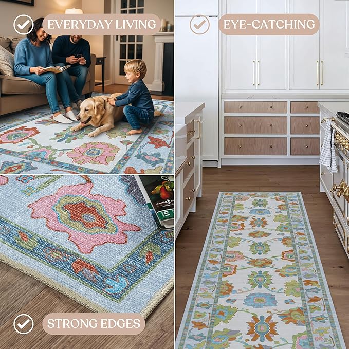 Fame Living Colorful Oushak Rug, Modern, Vintage, Turkish, Eclectic, Floral, Pastel, Washable, Area Rugs for Living Room, Dining, Bedroom, Office, Entryway, Foyer, Playroom, Nursery, 5'x6'9"