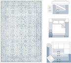 FMFUNCTEX 5x7 Washable Area Rug Blue Neutral Vintage Non Slip Low Pile Traditional Indoor Carpet for Living Room Bedroom Soft Retro Floral Mat Throw Rug for Dining Office Kitchen Dorm Entryway