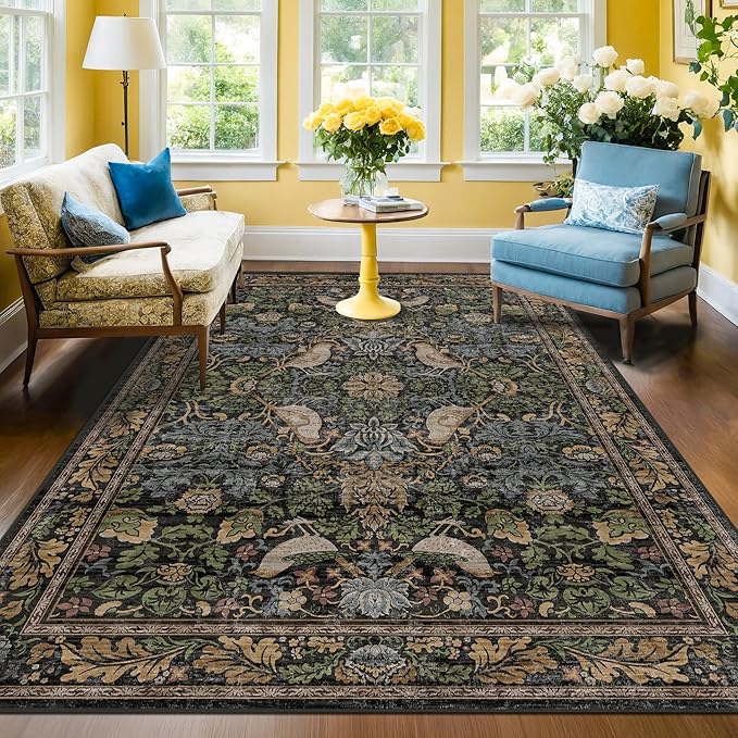 Vintage Floral Area Rug 5x7 for Living Room - Dark Green Forest Bird Rugs for Bedroom, Dinning Room, Office, Non Slip Stain Resistant Low Pile