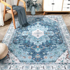 SERISSA Boho Area Rug 5x7 Blue, Washable Large Rugs for Living Room, Ultra Soft Non-Slip Bedroom Rug Print Distressed Vintage Oriental Farmhouse Carpet Rug for Dining Room Dorm Office Home Decor