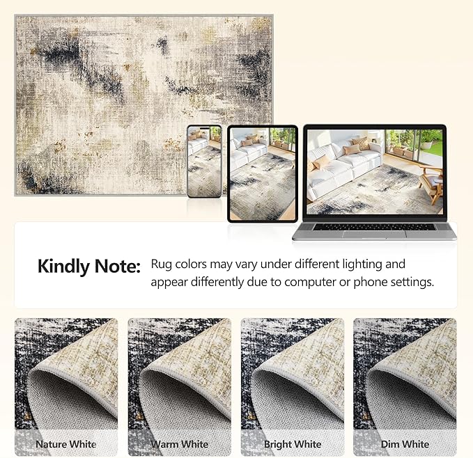 5x7 Washable Area Rugs - Modern Abstract Rugs for Living Room Non-Slip Low Pile Soft Machine Washable Carpet for Bedroom, Dining Room, Nursery, Home Office, Farmhouse (5'x7' Beige Tan)