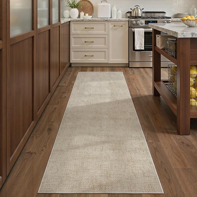 Art&Tuft 2x8 Runner Rug - Washable Runner Rugs, Non-Slip Runner Rug for Hallway, High Low Pile Textured Stripe 2x8 Rug Runner Throw Carpet for Entrance Entryway Bedroom Living Room Kitchen, Beige