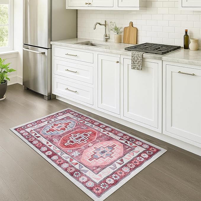 Turkish Rug. Washable Vintage Oriental Antique Inspired Traditional Doormat Small Modern Area Rugs Luxury Entryway Entry Bedroom Bathroom Kitchen (378RR, 2' x 3')