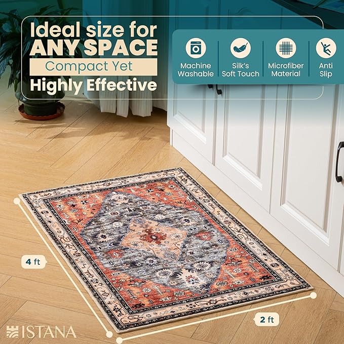 Istana Area Rug 2x4 - Red & Teal 2x4 Washable Rug Non Slip - Pet Friendly Living Room Rug - Non Shedding Washable Rugs for Bedroom - Foldable Bathroom Rugs