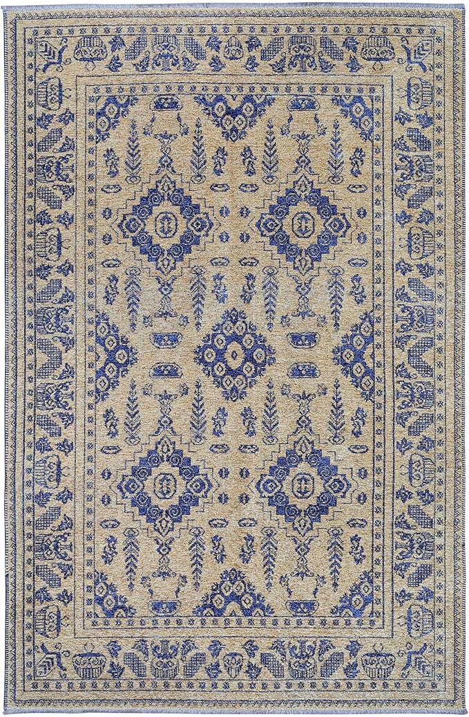 Alfa Rich 5x8 Gold Navy Blue Washable Area Rugs for Living Room Bedroom Kitchen Dining Cotton Rug