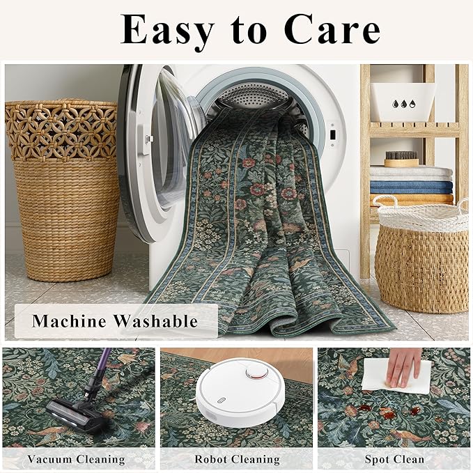 3x5 Floral Washable Area Rug for Living Room, Vintage Boho Rugs for Bedroom Dining Room, Botanical Birds Non Slip Low Pile Forest Throw Carpet for Farmhouse Office, Retro Green/Blue