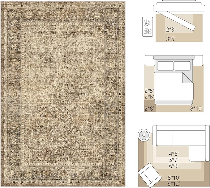 FMFUNCTEX 6x9 Washable Area Rug Brown Vintage Neutral Distressed Large Non Slip Carpet for Living Room Bedroom Soft Low Pile Indoor Mat Retro Floral Throw Rug for Dining Room Kitchen Office Nursery