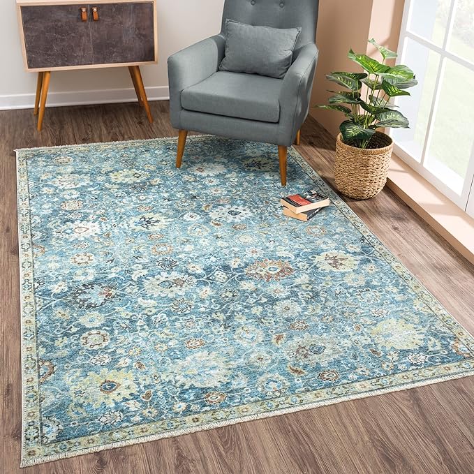 Bloom Rugs Caria Washable Non-Slip 5x7 Rug - Blue/Beige Traditional Area Rug for Living Room, Bedroom, Dining Room, and Kitchen - Exact Size: 5' x 7'