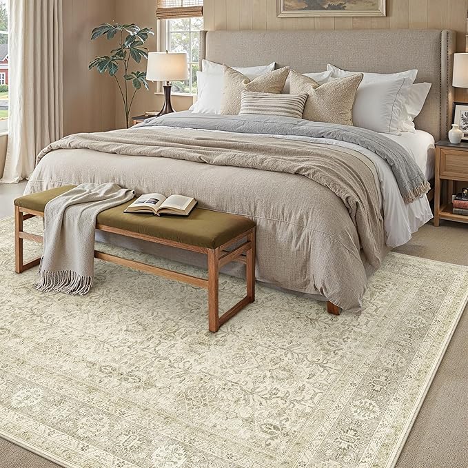 Vintage Area Rug 8x10 Beige Washable Living Room Large Carpet Non Slip Bedroom Indoor Office Low Pile Traditional Distressed Retro Accent Rug for Dining Room