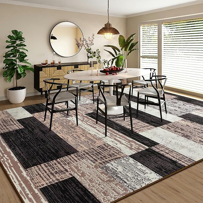 Large Area Rugs,Modern Geometric Patchwork Floor Decor for Bedroom Aesthetic Carpet, Rockwood Collection, Indoor Rugs for Living Room Dining Room Nursery Office Machine Washable Rug, 5x8 Ft Chocolate
