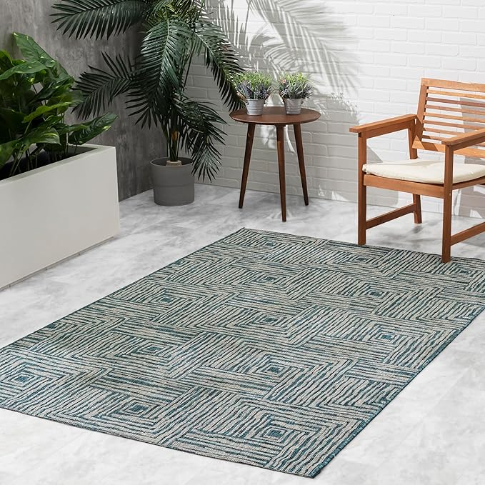 FH Home Outdoor Rug - Waterproof Easy to Clean Stain Resistant - Patio Indoor Outdoor Porch Deck Balcony Entryway - Geometric Modern - Budapest - Aqua - 5ft 2in x 7ft 6in