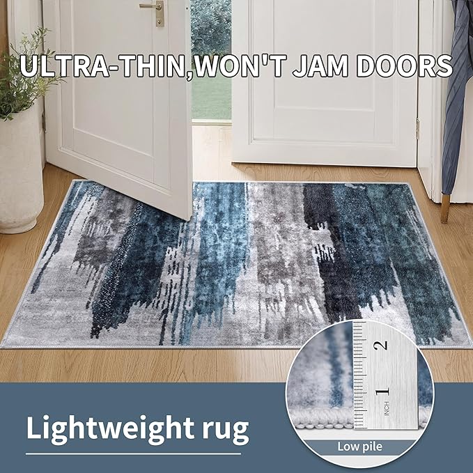 Ciicool 6ft Round Washable Rug, Modern Abstract Circle Rugs, Non-Slip Thin Low-Pile Rug Navy Grey Circular Print Distressed Carpet for Bedroom Living Room Under Dining Table Home Office Decor