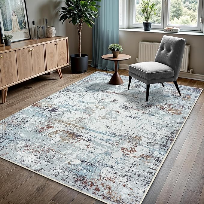 GLN Rugs Contemporary Collection - Machine Washable Area Rug, Contemporary Washable, Non Slip, Low Pile Chenille Rug, Living Room, Bedroom, Kitchen Rug (3' x 5' White/Grey/Blue/Brown)