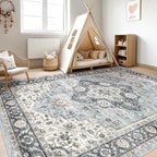 9x12 Area Rug Living Room: Washable Boho Large Neutral Vintage Soft Rugs Stain Resistant Farmhouse Non-Slip Indoor Floor Carpet for Bedroom Nursery Kids Playroom Office Dining Room House- Blue Tan