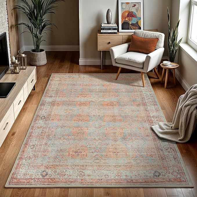 GLN Rugs Traditional Collection - Machine Washable Area Rug, Traditional Washable, Non Slip, Low Pile Chenille Rug, Living Room, Bedroom, Kitchen Rug (8' x 10' Terra/Multicolor 1153)