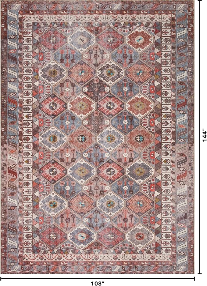 Kuden 9x12 Large Area Rug, Machine Washable Area Rug with Non-Slip Backing, Vintage Style, Soft, Easy Clean, Low Pile Rug for Living Room, Bedroom, Dining Room