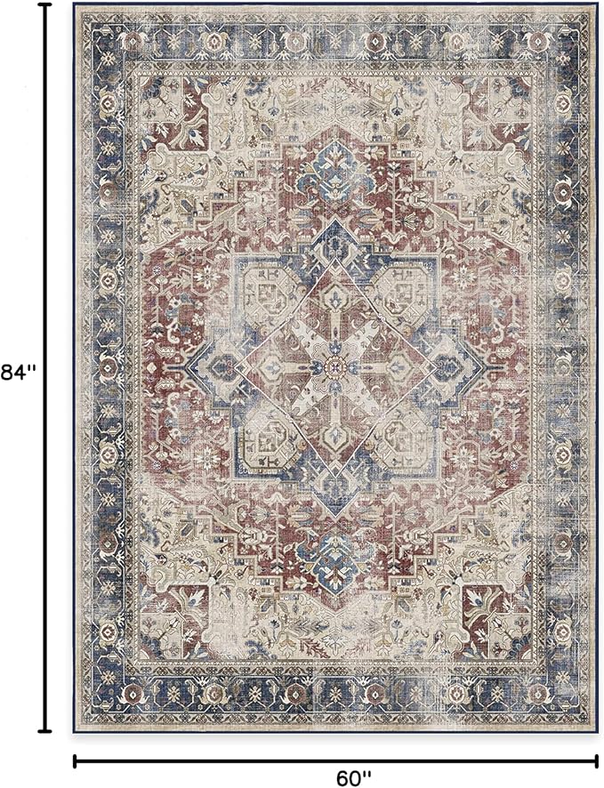 RUGGABLE Washable Vintage Area Rug – Kamran Royal Blue 5x7, Stain-Resistant, Non-Slip – Medium Machine Washable Rugs for Living Room, Bedroom, Hallway, Entryway & Office–with Cushioned Pad