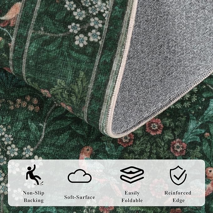 8x10 Floral Washable Area Rugs for Living Room, Vintage Boho Large Rug for Bedroom Dining Room， Distressed Botanical Birds Non Slip Low Pile Animal Throw Carpet for Farmhouse Office, Bright Green