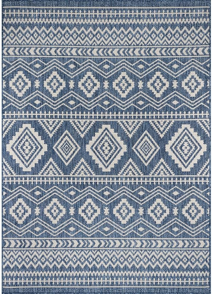 Beverly Rug Waikiki Boho Indoor Outdoor Rug 6x9, Washable Outside Carpet for Patio, Deck, Porch, Bohemian Area Rug, Farmhouse Rugs, Aztec Tribal Rug, Azure and White