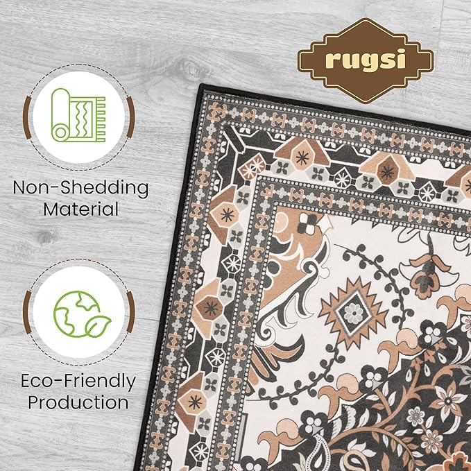 Washable Entryway Rug 3x5 | Non Slip Rug Runners for Hallways, Entryways, Kitchens, Bathrooms, Bedrooms | Ultra-Soft Flannel Carpet Kitchen Rug with Rubber Backing (Black Brown Cream, 3x5)