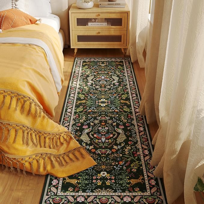 Runner Rug Washable Kitchen 2'x10' Rug Floral Non-Slip for Entryway Indoor Soft Carpet Runner for Hallways, Kitchen, Laundry, Bedroom, Bathroom (Emerald Green)
