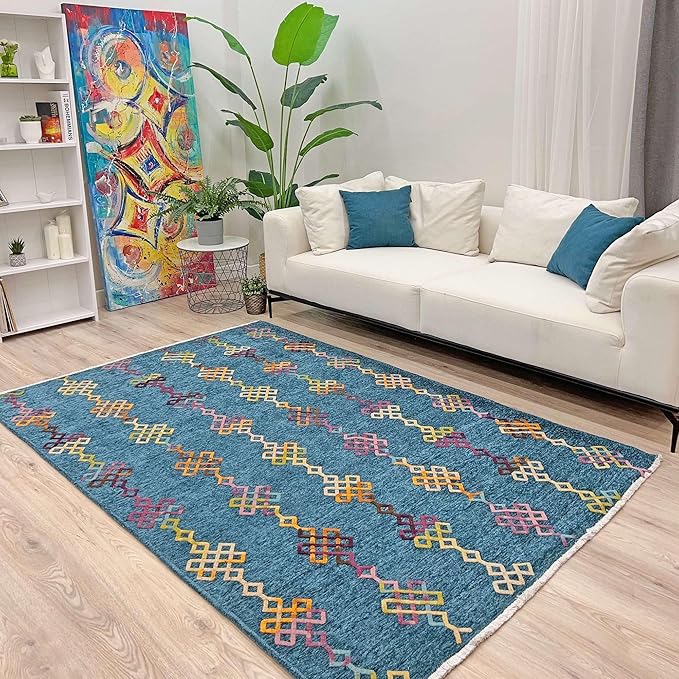 Alfa Rich 3x10 Moroccan Blue Washable Area Rugs for Living Room Hallway Kitchen Decor Cotton Runner