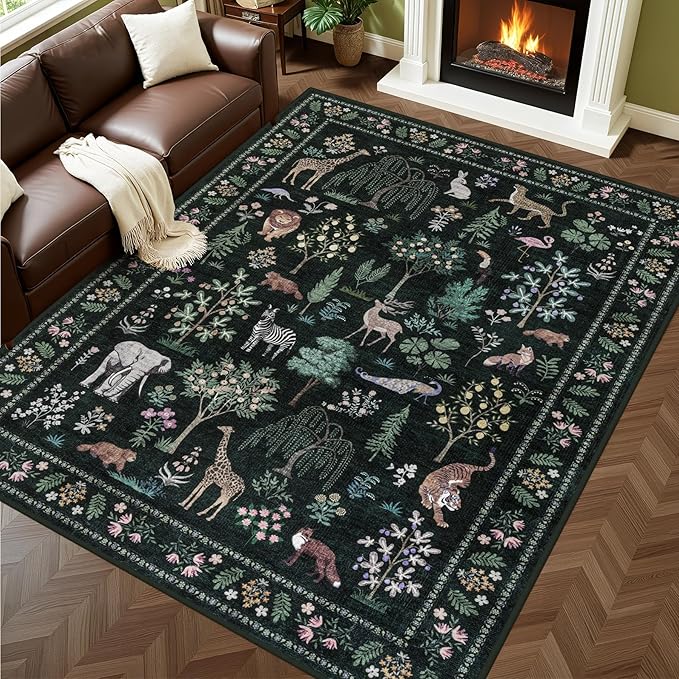 5x7 Area Rugs Living Room Rug: Vintage Washable Rug Floral Soft Carpet Indoor Floor Non-Slip Boho Stain Resistant Large Carpets for Bedroom Kids Nursery Dining Room Farmhouse Home Office Green