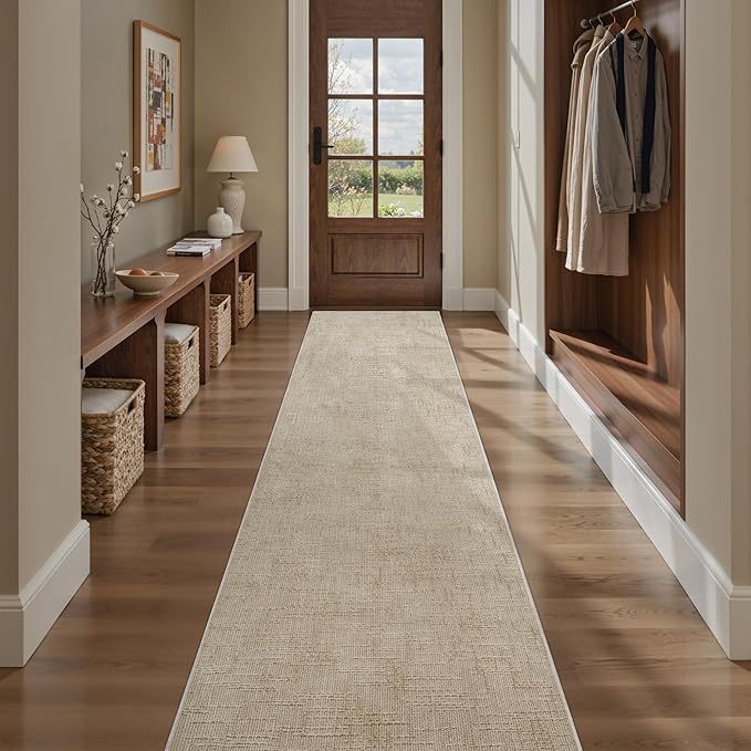 Art&Tuft 2x8 Runner Rug - Washable Runner Rugs, Non-Slip Runner Rug for Hallway, High Low Pile Textured Stripe 2x8 Rug Runner Throw Carpet for Entrance Entryway Bedroom Living Room Kitchen, Beige
