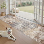 Washable Runner Rug for Hallway: 2.6x10 Neutral Modern Abstract Low Pile Area Rug with Non-Slip Backing - Carpet for Bedroom Kitchen Laundry Entryway Bathroom Indoor - Grey Brown