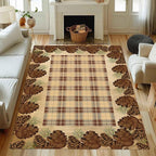 Cabin Pine Cones Area Rug 4x5ft for Living Room, Brown Buffalo Plaid Indoor Anti-Slip Large Area Rug Rustic Style Rugs for Bedroom, Lodge Living Rugs With Pine Cones, Throw Area Rug for Farmhouse