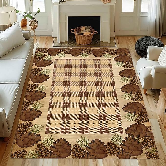 Cabin Pine Cones Area Rug 5x7ft for Living Room, Brown Buffalo Plaid Indoor Anti-Slip Large Area Rug Rustic Style Rugs for Bedroom, Lodge Living Rugs With Pine Cones, Throw Area Rug for Farmhouse