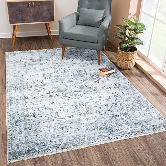 Bloom Rugs Caria Washable Non-Slip 4x6 Rug - Ivory/Blue/Gray Traditional Area Rug for Living Room, Bedroom, Dining Room, and Kitchen - Exact Size: 4' x 6'