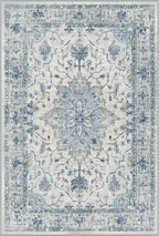 Area Rugs 3'x9' Washable Non-Slip, Floral Vintage Distress Print Pattern Medallion Carpet for Living Room Bedroom Dining Room, Light Blue Navy Beige Gray White