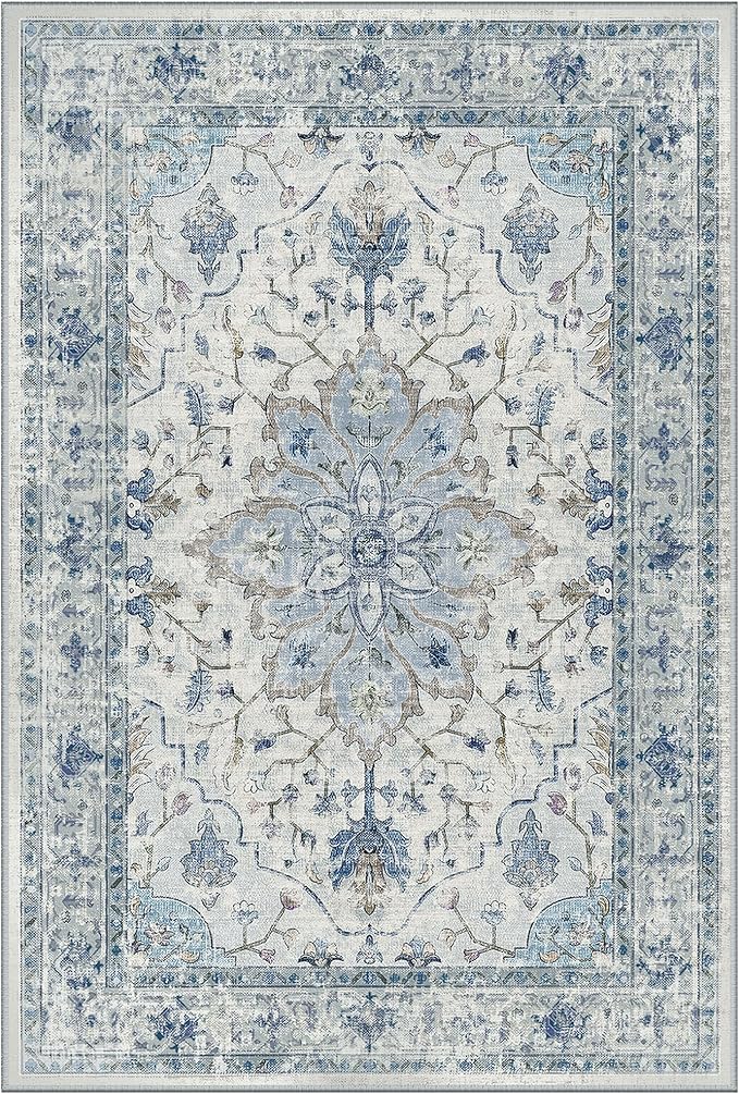 Area Rugs 7'x10' Washable Non-Slip, Floral Vintage Distress Print Pattern Medallion Carpet for Living Room Bedroom Dining Room, Light Blue Navy Beige Gray White