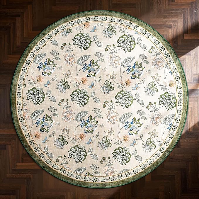 jinchan Elora 5ft Floral Round Rug for Entryway Washable Kitchen Rug Vintage Romance Design Non Slip Indoor Doormat Lightweight Low-Profile Throw Carpet for Living Room Dining Room, Green/Beige