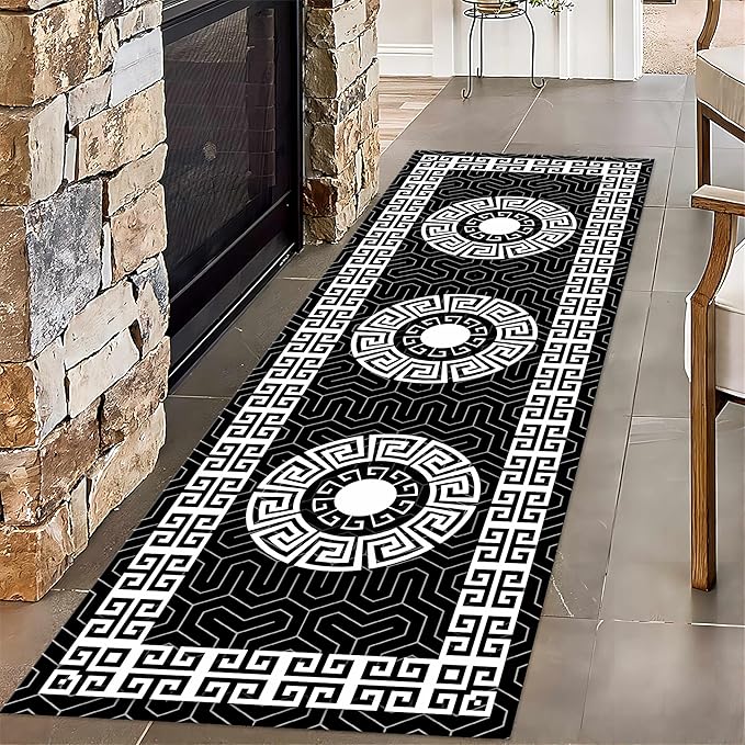 Modern Black White Geometric Kitchen Rug, 2.6x7ft, Greek Key Meander Design Entrance Rugs, Easy Clean Low Pile Washable Carpet, Soft Foldable No Crease Carpets for Porch Family