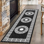 Modern Black White Geometric Kitchen Rug, 1.3x7ft, Greek Key Meander Design Entrance Rugs, Easy Clean Low Pile Washable Carpet, Soft Foldable No Crease Carpets for Porch Family