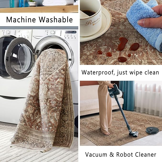 vivorug 4x6 Rug, Small Area Rug for Living Room, Bedroom, Kitchen, Machine Washable Non-Slip Throw Rug, Vintage Carpet for Entryway Nursery Coffee Table - Durable (Brown)
