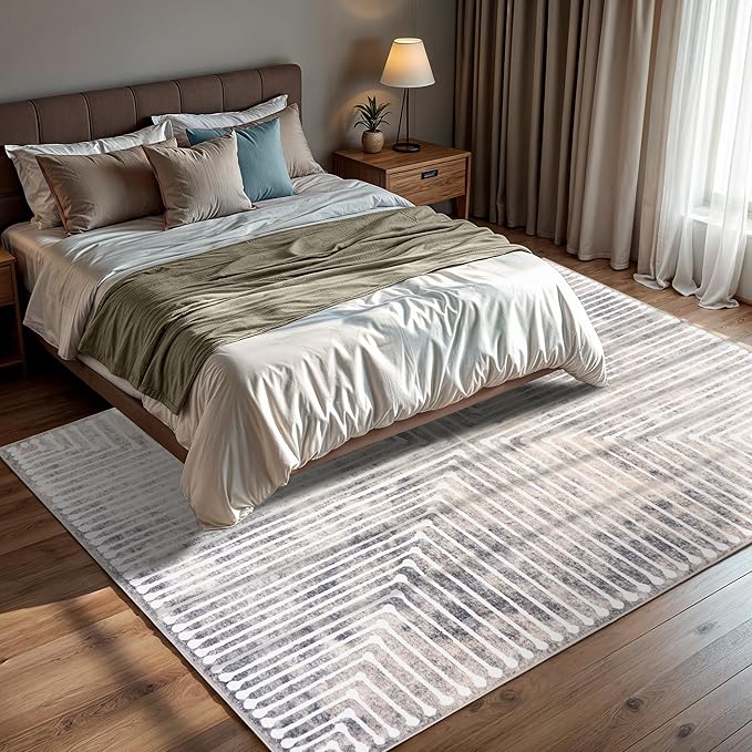 GLN Rugs Contemporary Collection - Machine Washable Area Rug, Contemporary Washable, Non Slip, Low Pile Chenille Rug, Living Room, Bedroom, Kitchen Rug (4' x 6' Lines Cream)